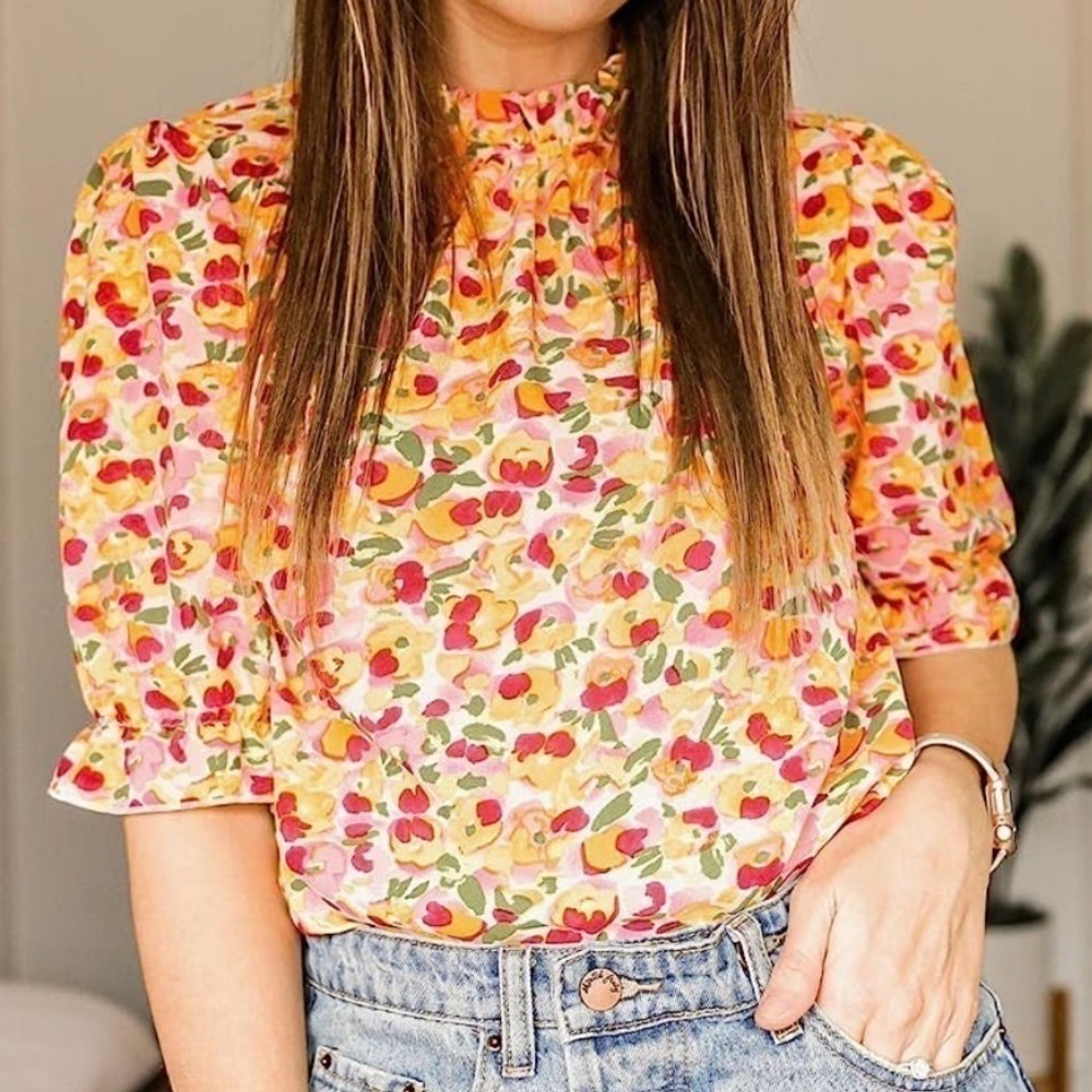 Boho Ruffle Neck Short Sleeve Frill Top - Picture 6 of 7